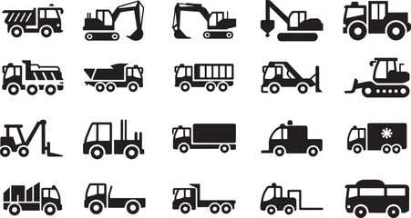Heavy Construction and Industrial Vehicles Black Silhouette Icons