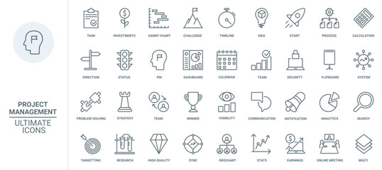 Creative business strategy, project management thin line icons set vector illustration. Outline idea and plan for startup launch, success vision and solution of problem solving and finance investment