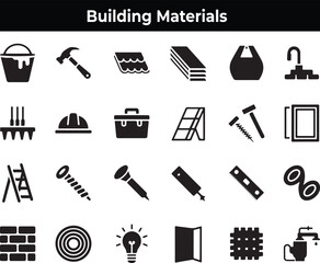 Black Silhouette Icons Set of Building Materials and Tools