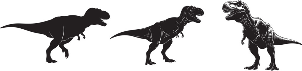 Dinosaur Silhouette and Detailed Vector Illustrations, Detailed woodcut drawing of a velociraptor dinosaur isolated on white background
