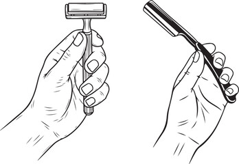 Shaving Razor and Straight Razor in Hand Vector Drawing, Vintage engraved straight razor illustration with detailed handle and blade,