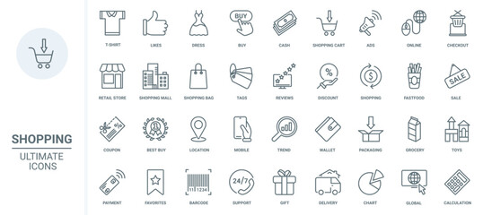 Online business, retail store thin line icons set vector illustration. Outline bag and cart for shopping on sales, review and advertising technology, discounts and coupon to buy, money payment