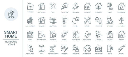 Smart home technology thin line icons set vector illustration. Outline mobile app symbols for control service of house system, surveillance security and conditioning, status of remote lock and access