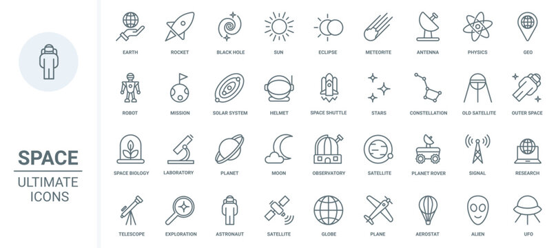 Space travel, universe research technology thin line icons set vector illustration. Abstract outline astronaut and spaceship, moon and solar system planets, futuristic observatory and telescope