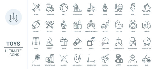 Toys for kids thin line icons set vector illustration. Outline baby stroller and rattle gift, mobile app and desktop computer games, sand castle and ball to play on playground, kite and swing