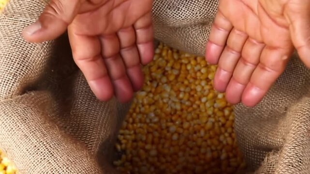 A person's hands delicately holding grains inside a burlap sack, offering a sensory experience Stock Video