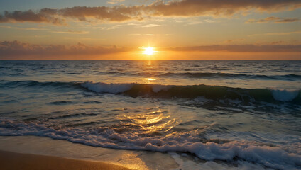 Golden sunset over gentle ocean waves on a sandy beach