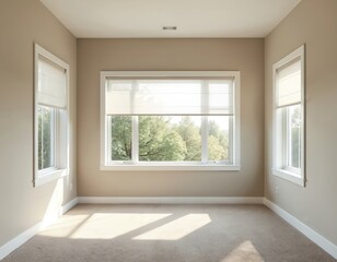 Fototapeta premium Empty room with natural light from large windows showing green trees outside. Interior design concept for home or office space renovation. Room is ready for furniture setup and decoration.
