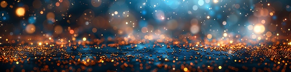 Panoramic Bokeh Lights Abstract Background with Gold and Blue Sparkles