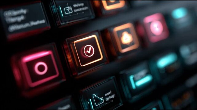AI assistant interaction. Conversational AI.  Natural interaction. Virtual assistance. Voice interface. Task automation. Close-up of illuminated buttons on a control panel.