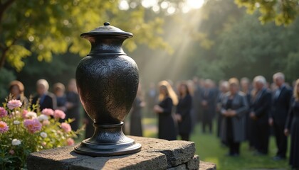 Funeral urn sits on stone pedestal at outdoor memorial service. Mourners in black attire stand solemnly in garden. Flowers bloom nearby, sunlight streams through trees.