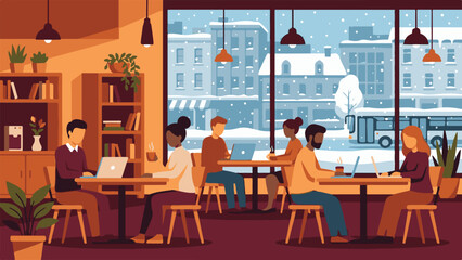 Diverse people working and relaxing in a cozy cafe with snowy city view