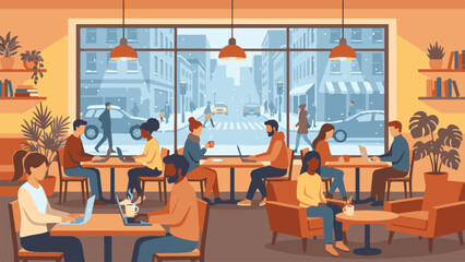 Diverse people working and enjoying coffee in a cozy winter cafe with city view