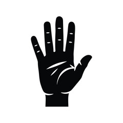 Obraz premium Minimalist black hand silhouette icon, human palm with five fingers spread open, solid dark handprint vector illustration, anatomical hand shape for communication and identity design projects