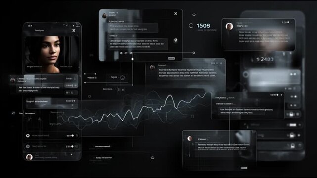 AI assistant interaction. Conversational AI.  Natural interaction. Virtual assistance. Voice interface. Task automation. A digital interface showcasing AI interactions and data visualizations.