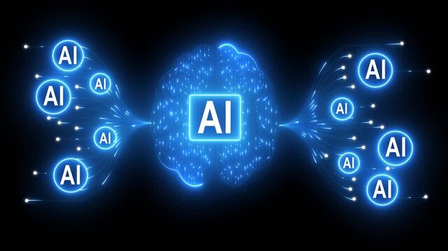 Person using dives with AI agents screen on display, business and agentic ai technology concept, dark moody atmosphere. Glowing ai agent emblem surrounded by digital networks and swirling blue ...