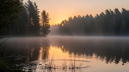 Fototapeta premium Golden Dawn Mist Blankets Tranquil Forest Lake Reflecting Silhouetted Pines and Ripples.
