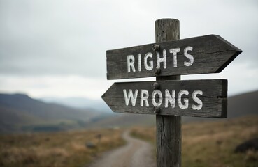 Obraz premium Wooden signpost shows directions for rights and wrongs. Forked path leads to choice. Overcast sky above hilly landscape with dry grass. Represents decision making and ethics.