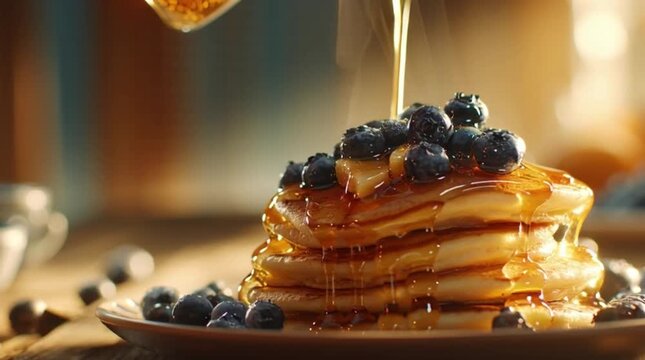 Syrup being poured over a stack of pancakes topped with blueberries on a plate
