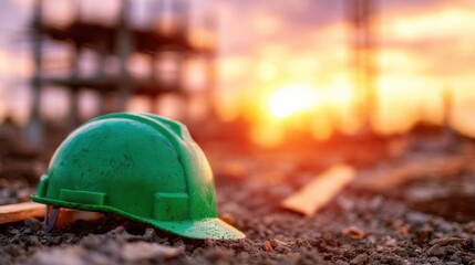 Hard hat on construction site during sunset at building project