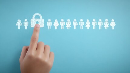 Digital data security and personal privacy concept with a hand touching a padlock icon among user pictograms on a blue background.