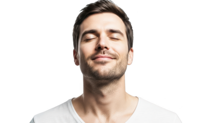 Man with eyes closed in peaceful meditation isolated on transparent background