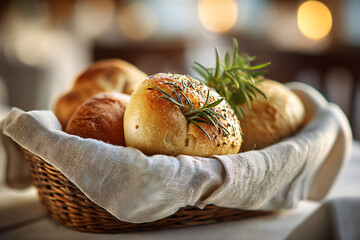 Elegant bread basket with artisanal rolls, olive bread, wheat bread, rosemary garnish, linen cloth, upscale restaurant table setting, shallow depth-of-field, soft bokeh lights.