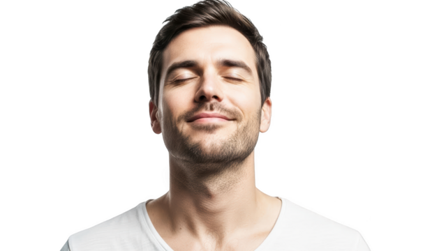 Man with eyes closed in peaceful meditation isolated on transparent background - Powered by Adobe