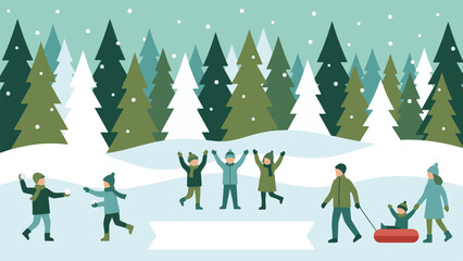 Flat illustration of people enjoying winter activities in a snowy forest