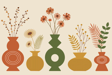 Modern minimalist vector illustration with decorative vases and stylized flowers in warm earthy colors.