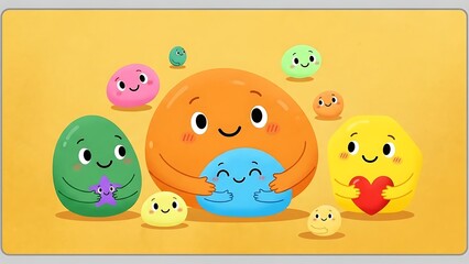 Colorful Cartoon Characters Expressing Emotions on Yellow Background.