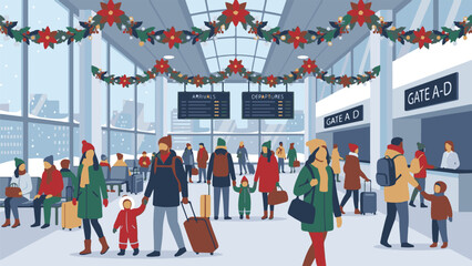 Winter Holiday Travel Scene at a Busy Airport Terminal