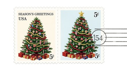 Stunning vintage Christmas postage stamps feature beautifully decorated holiday trees with presents below