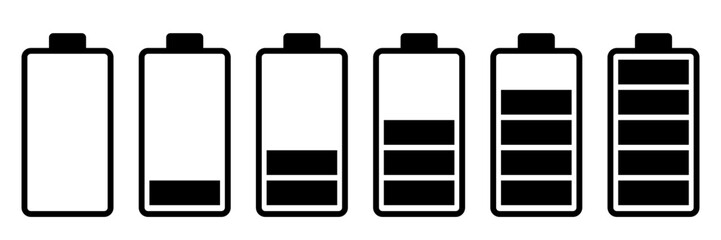 Battery Charge Level Indicator Set. Simple battery icons representing various charge levels, from empty to full. Ideal for energy, technology, or power related concepts. PNG and Vector illustration