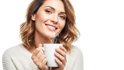 Smiling woman holding a warm mug isolated on transparent background