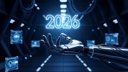 Futuristic robot hand reaching out in a digital tunnel with the year 2026 displayed