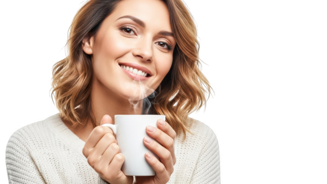 Smiling woman holding a warm mug isolated on transparent background - Powered by Adobe