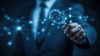 Businessman analyzing digital data network with magnifying glass, concept of global business intelligence, AI, future technology, and data science research.