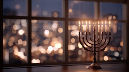 Hanukkah menorah with glowing candles stands by window with warm bokeh lights in peaceful night scene