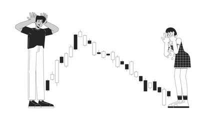 Pump and dump line illustration concept. Emotional trading. Investors crying and shocked to market crash with falling candlestick chart outline 2D characters isolated. Ink linear metaphor vector art