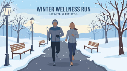 Couple jogging in a snowy park, winter wellness run for health and fitness