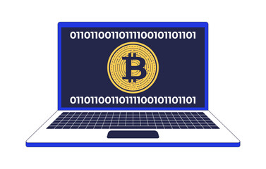 Bitcoin symbol on laptop screen with binary code 2D cartoon object. Digital currency. Blockchain technology. Cryptocurrency software isolated element flat vector clip art on white. Spot illustration