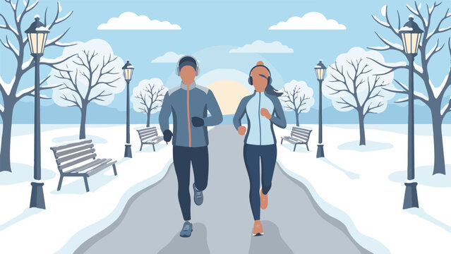 Couple jogging in a snowy winter park, staying active outdoors