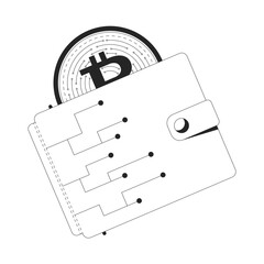 Bitcoin digital wallet with cryptocurrency coin 2D line object. Crypto storage. Online money. Fintech e-wallet. BTC peeking out isolated clipart vector ink outline item. Monochrome spot illustration