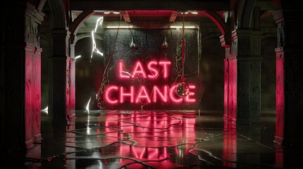 Flickering neon sign displaying 'LAST CHANCE' in a desolate, abandoned ruin, creating an ominous and suspenseful atmosphere for a final warning