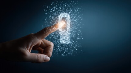Cybersecurity concept: Hand interacting with a glowing digital padlock, symbolizing secure data, privacy, and technology access.