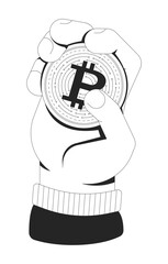Hand holding bitcoin coin outline illustration. Fingers gripping BTC digital currency. Investment control. Cryptocurrency power isolated 2D vector image black and white. Linear drawing clip art