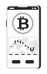 Bitcoin and trading chart on smartphone screen 2D line object. Mobile phone displaying BTC coin and candlestick over global world isolated clipart vector ink outline item. Monochrome spot illustration
