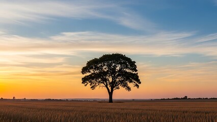 Majestic Solitary Tree Silhouetted Against Vibrant Golden Hour Sky Over Expansive Wheat Field.