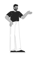 Stylish bearded black man with sunglasses explaining 2D line character. African american guy with wristwatch and glasses presenting isolated vector ink outline person. Monochromatic spot illustration